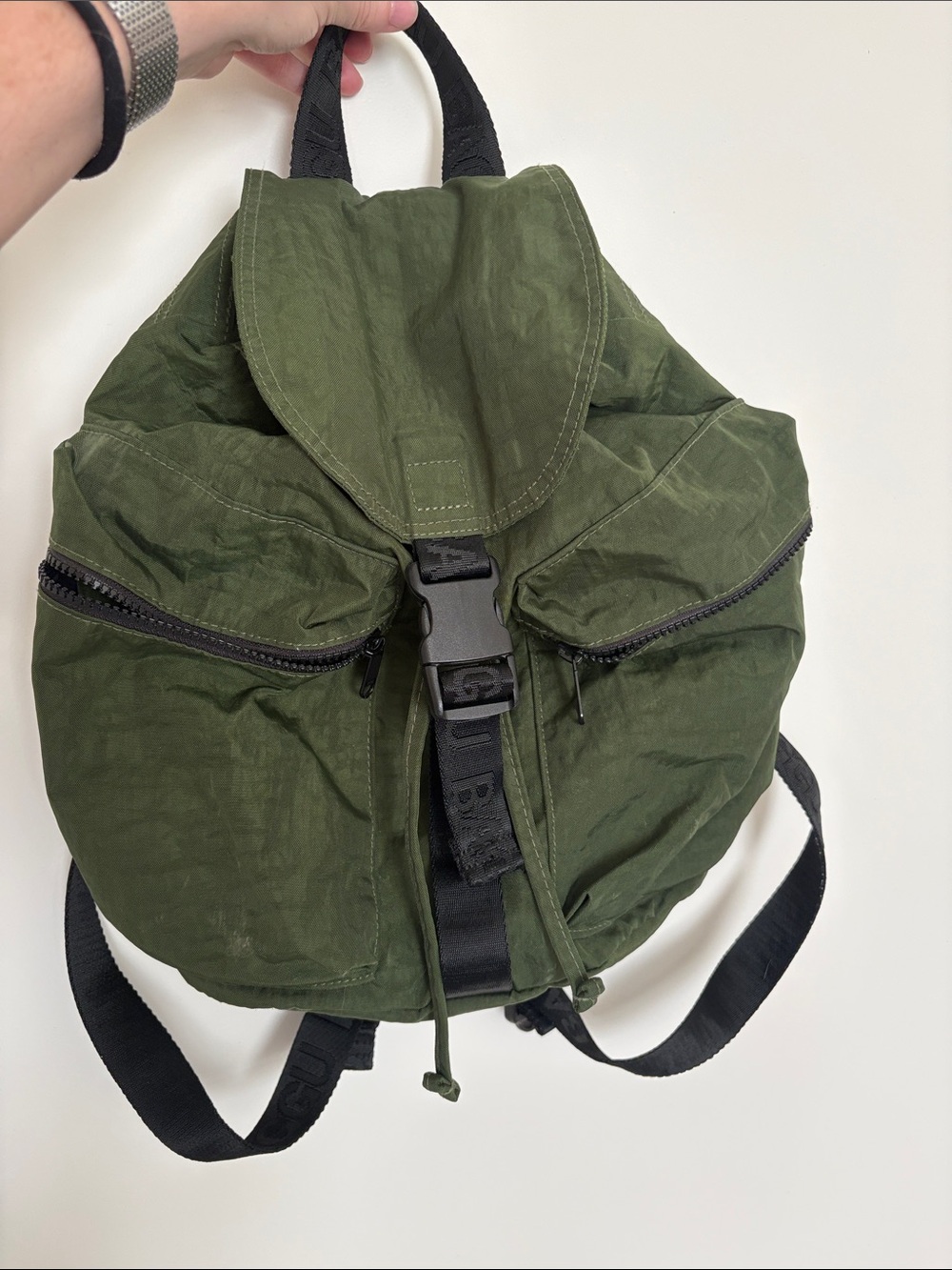 BAGGU Olive Green Nylon Drawstring Backpack with Black Straps - Picture 2 of 8